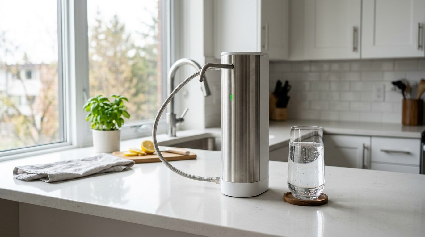 Countertop water filter system on apartment kitchen counter