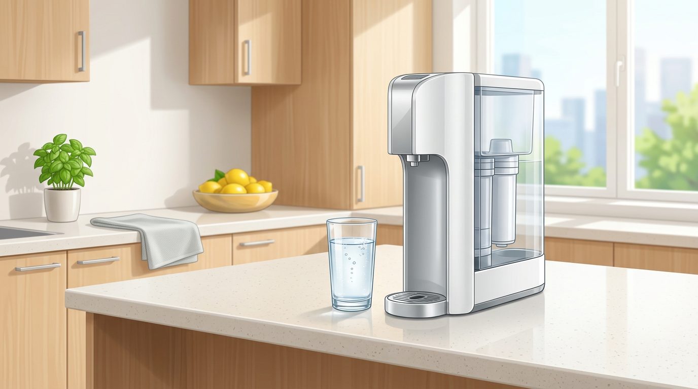 Faucet-mounted water filter on kitchen tap