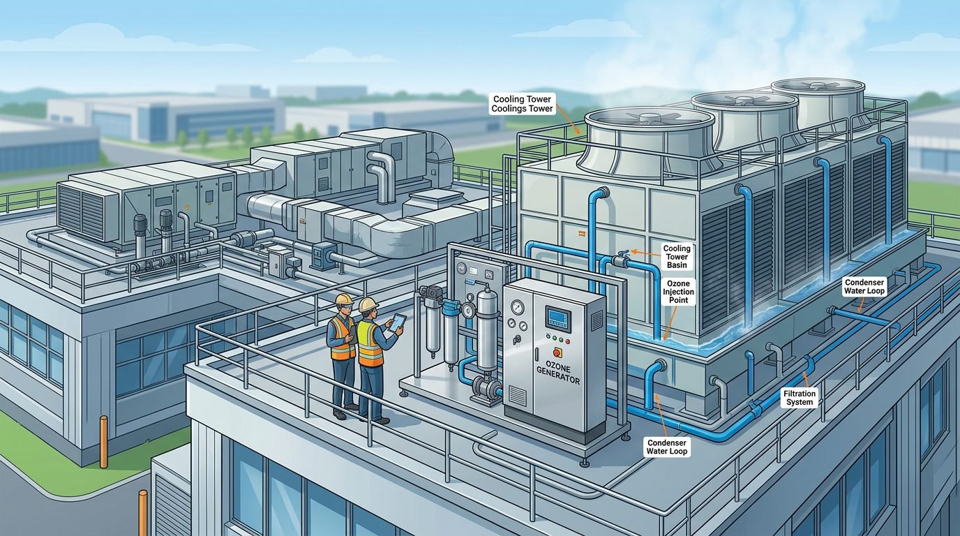 Industrial cooling tower with ozone water treatment
