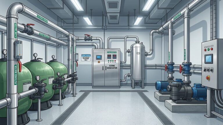 Commercial aquatics facility with ozone water treatment