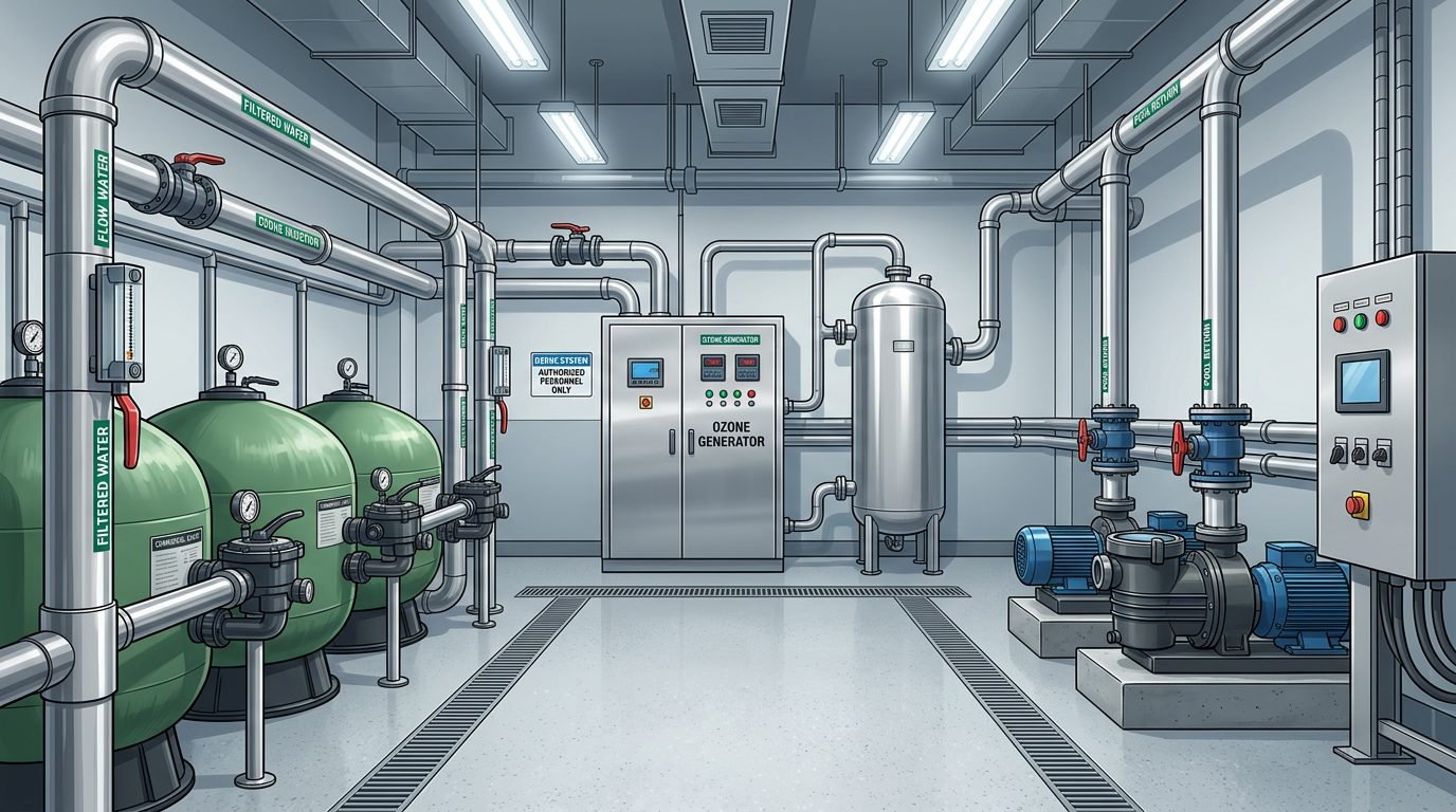 Commercial aquatics facility with ozone water treatment