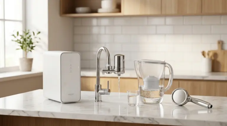 Best water filters for apartments - countertop RO system, faucet filter, pitcher, and shower filter on kitchen counter