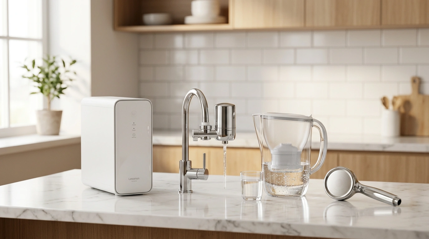 Best water filters for apartments - countertop RO system, faucet filter, pitcher, and shower filter on kitchen counter