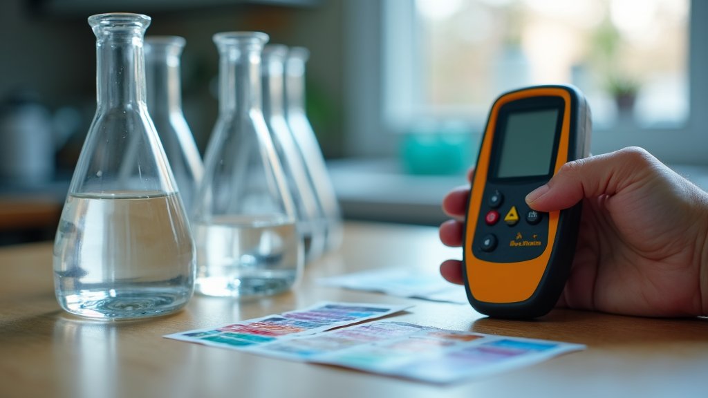 Water samples, test strips and a meter for checking well water at home