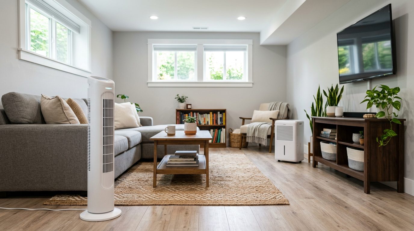Air purifier running in a finished basement living area with a dehumidifier nearby