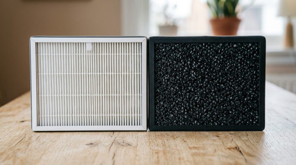 HEPA air filter and granular activated carbon filter used in air purifiers for mold