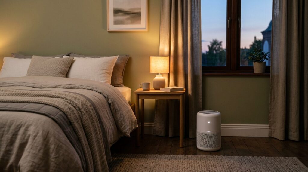 Quiet air purifier beside a bed in a bedroom