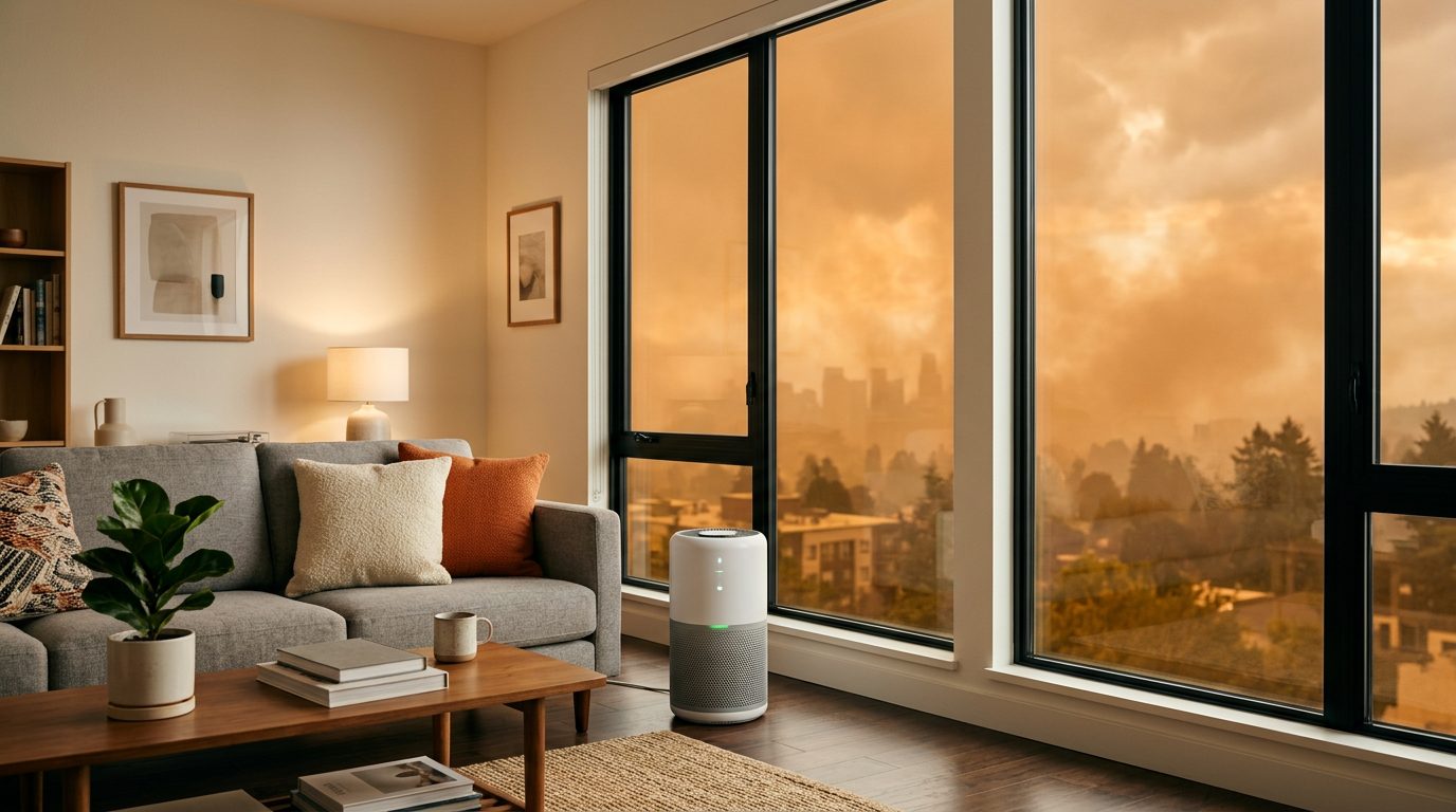 Air purifier running in a living room while wildfire smoke haze is visible outside