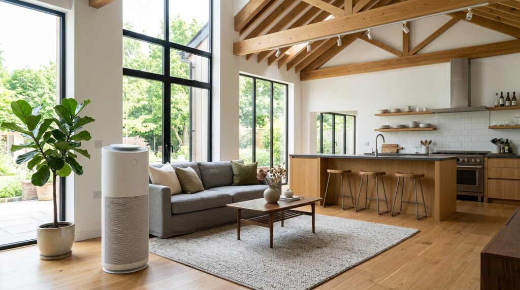 Large air purifier in an open-plan living area with high ceilings