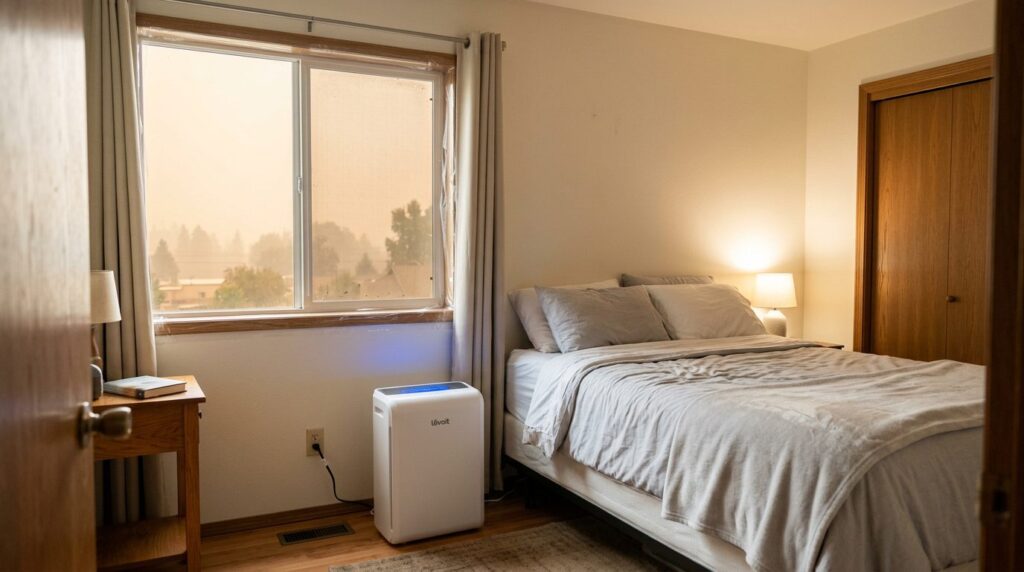 Bedroom set up as a clean room with an air purifier during wildfire smoke