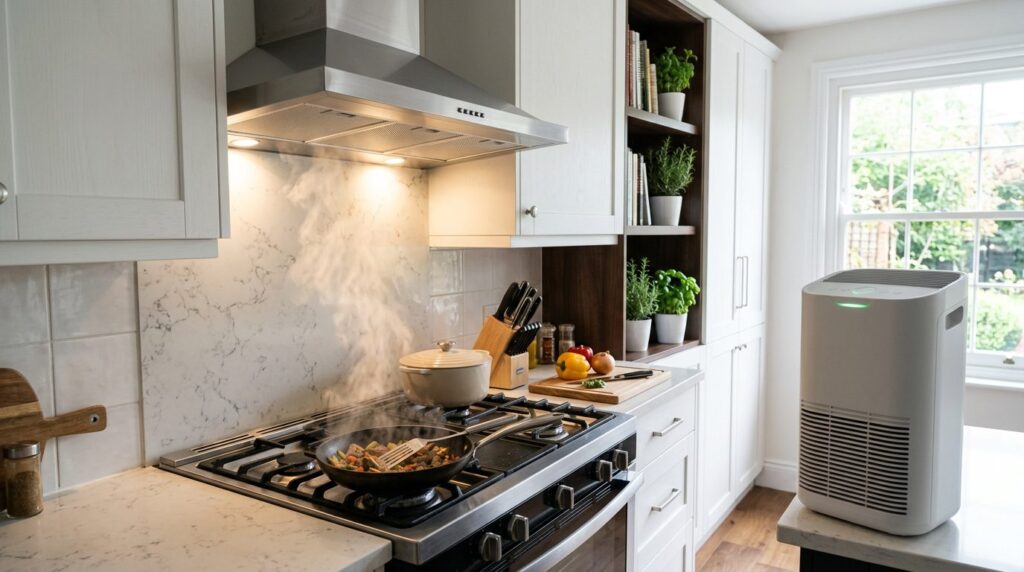 Kitchen range hood with cooking smoke and an air purifier nearby