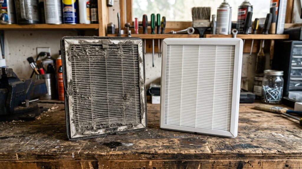 Dirty HEPA filter next to a new replacement filter