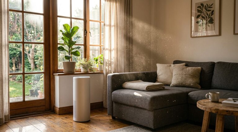 Dust particles in a sunbeam next to an air purifier in a living room