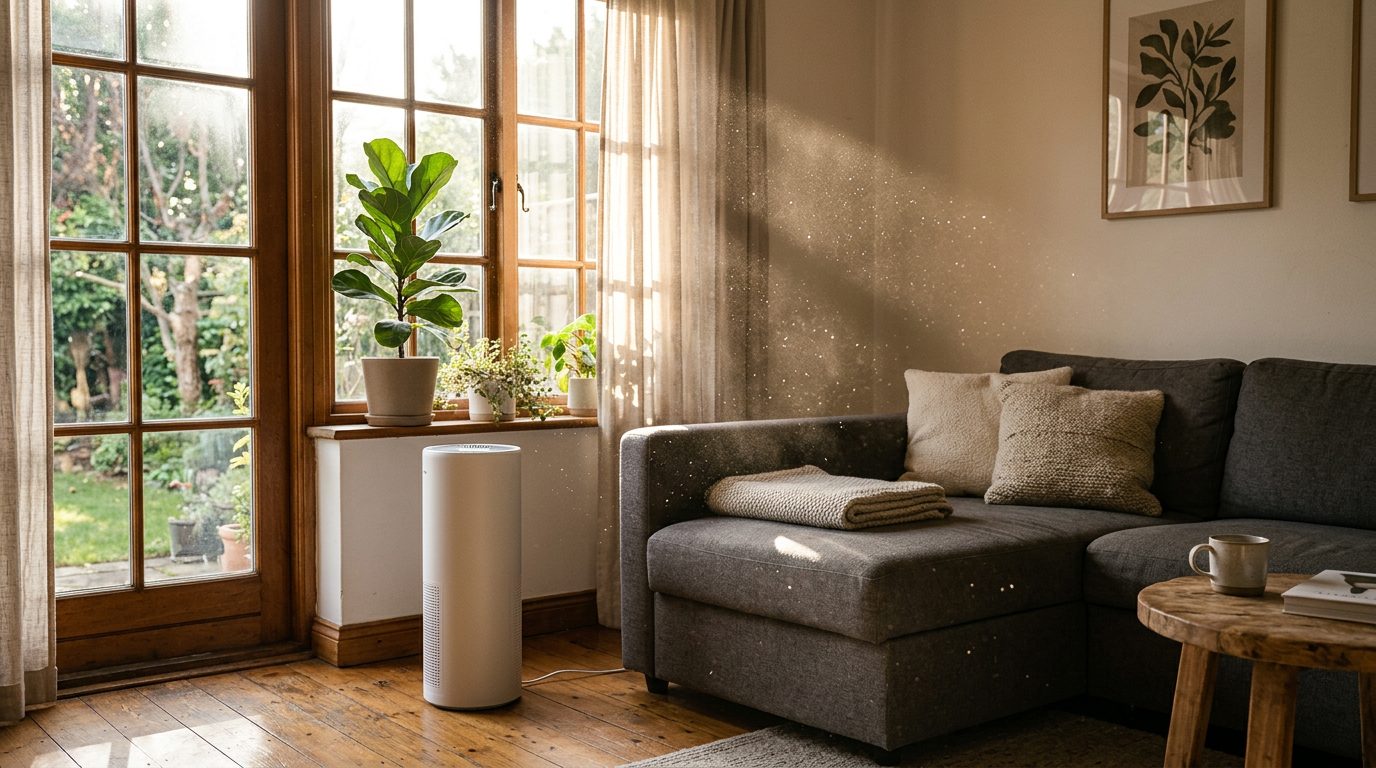 Dust particles in a sunbeam next to an air purifier in a living room