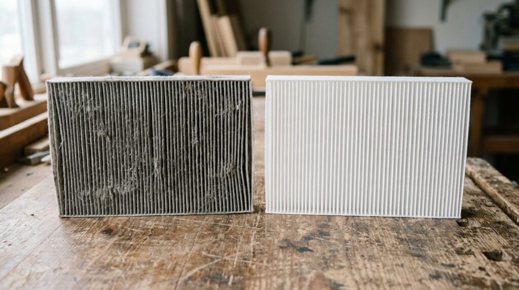Dust-loaded HEPA filter next to a clean replacement filter