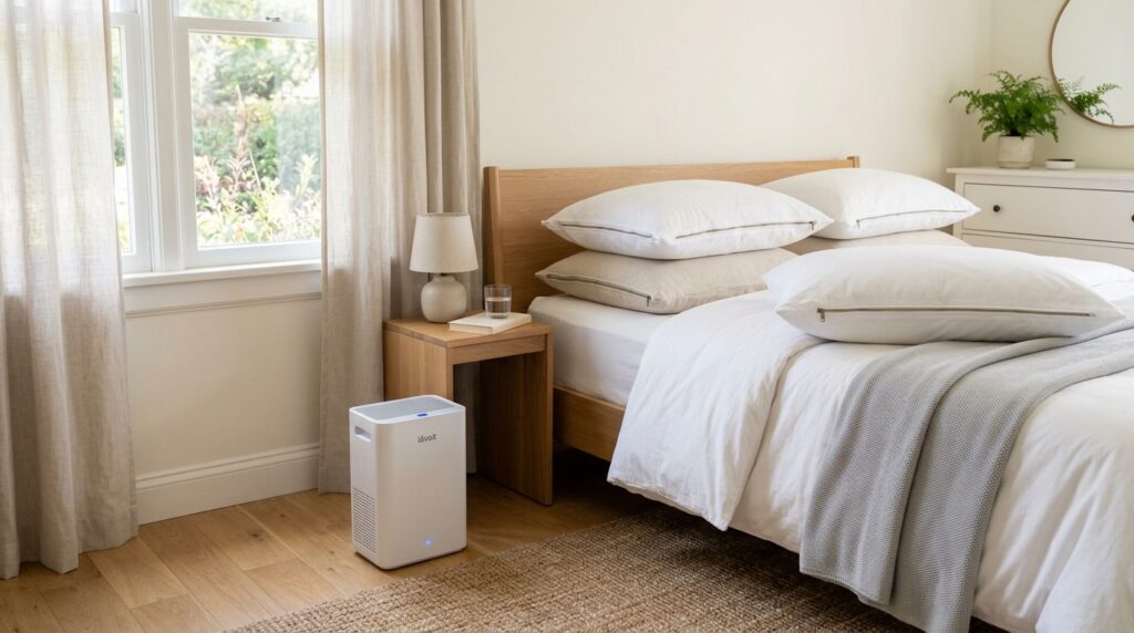 Bedroom with dust-proof pillow covers and a small air purifier