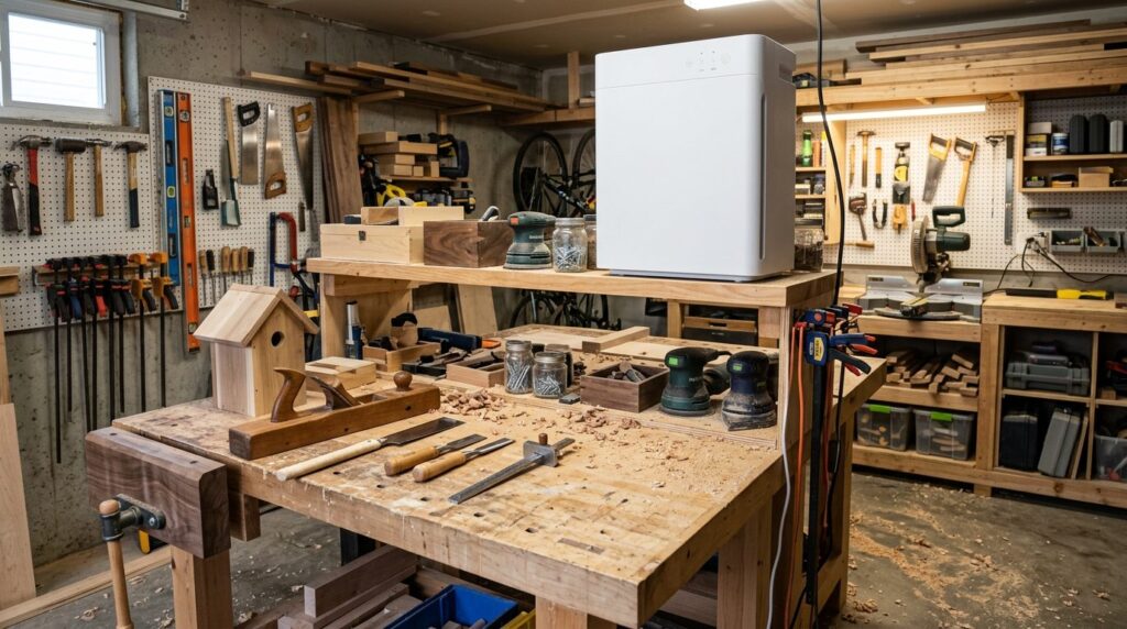 Home workshop with sawdust and a large air purifier