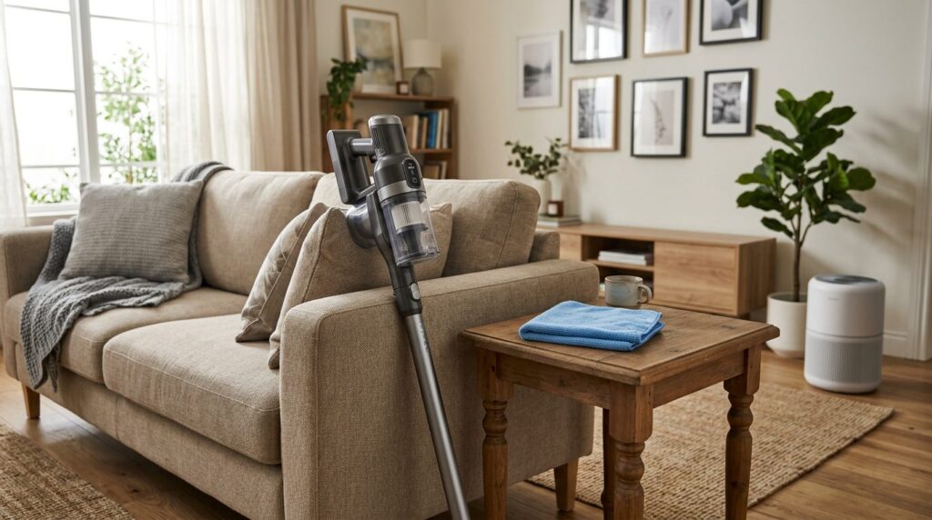 HEPA vacuum and microfiber cloth for reducing household dust