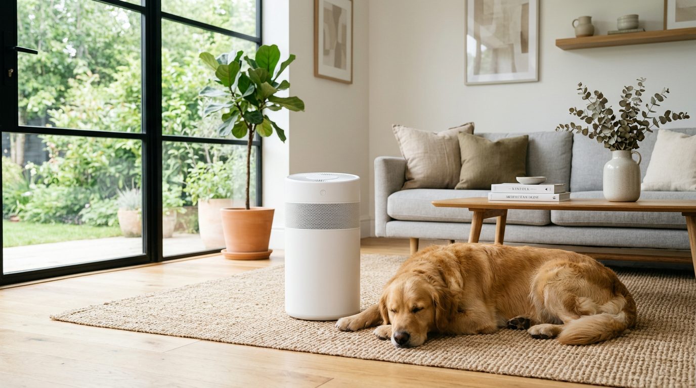 Golden retriever resting next to an air purifier in a bright living room