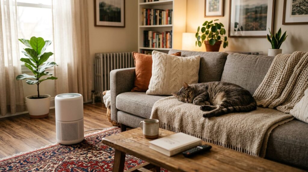 Cat sleeping on a sofa with a compact air purifier nearby