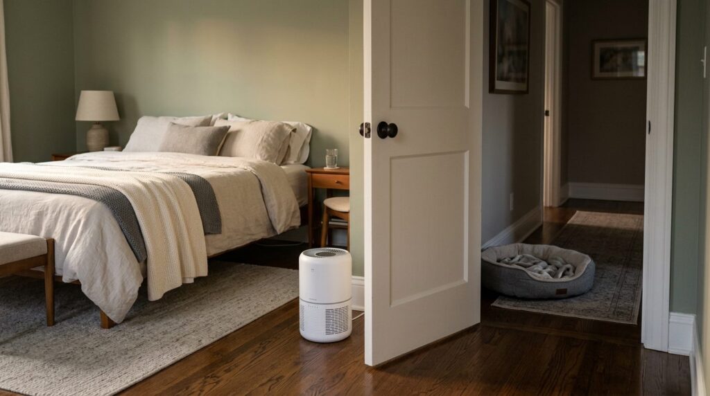 Bedroom air purifier with the dog bed kept outside in the hallway