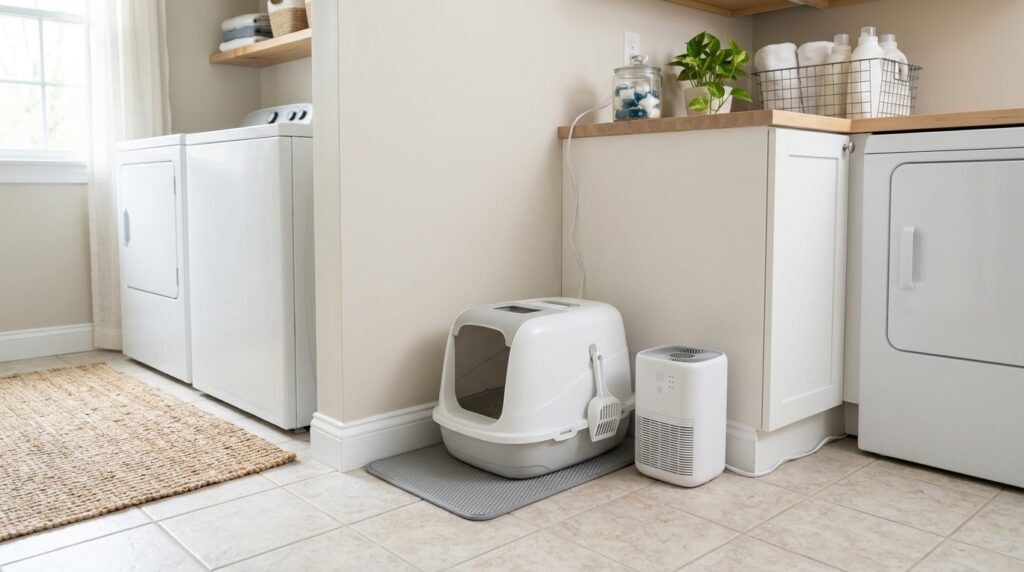 Air purifier placed near a cat litter box in a laundry room