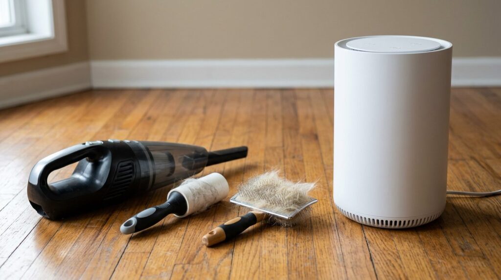 Handheld vacuum, lint roller and grooming brush next to an air purifier