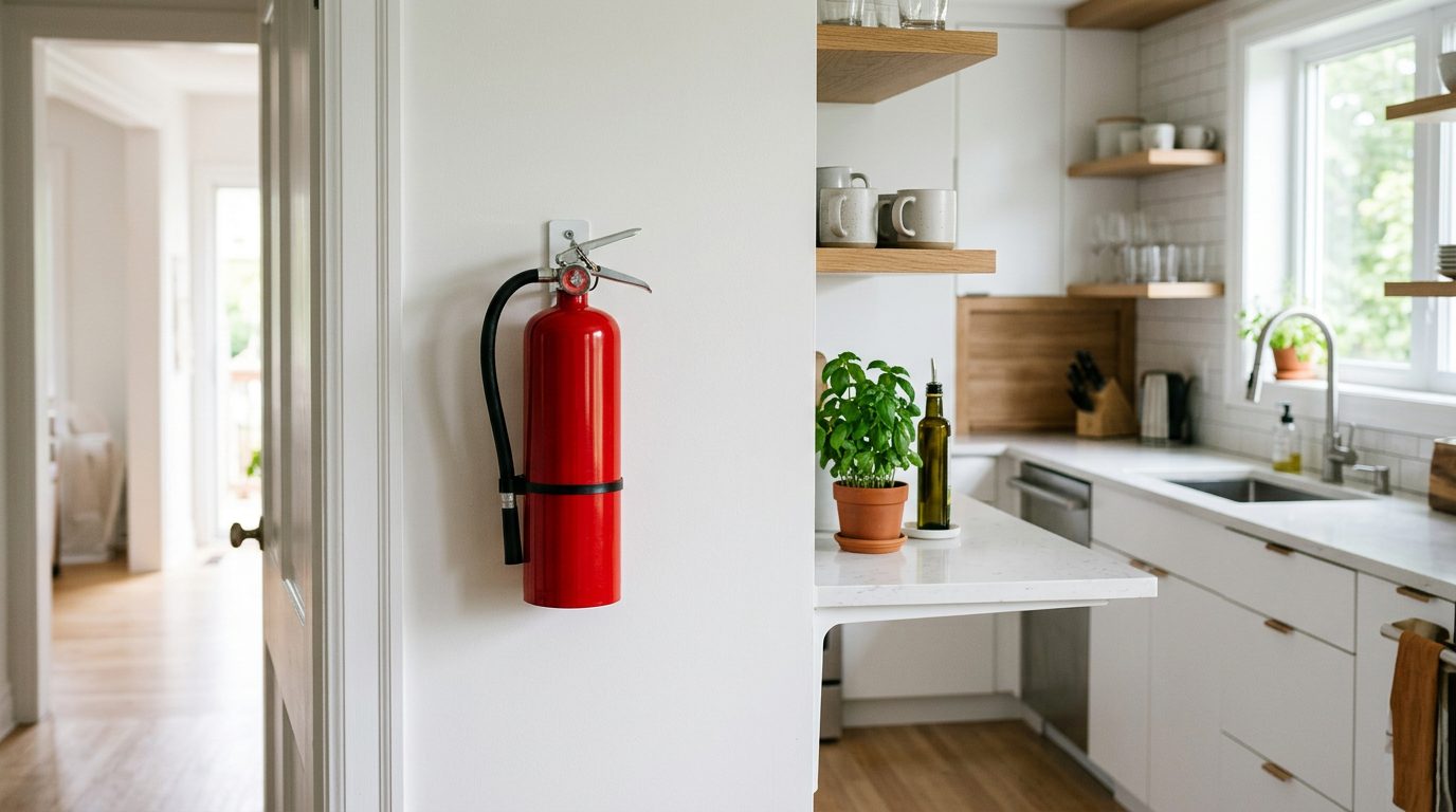 Fire extinguisher mounted beside a kitchen doorway