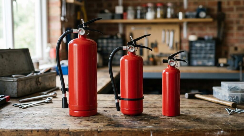 Home fire extinguishers of different sizes on a workbench