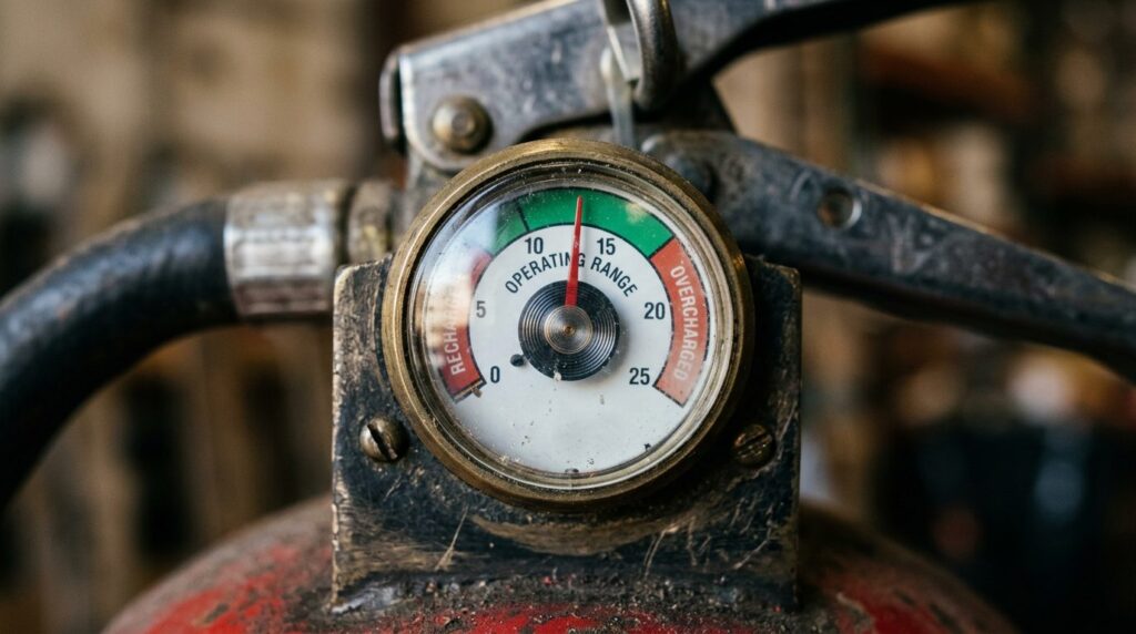 Fire extinguisher pressure gauge in the green operating range