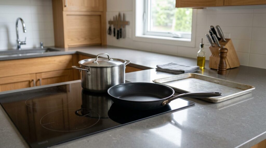 Pan lid and baking sheet kept within reach of the stovetop