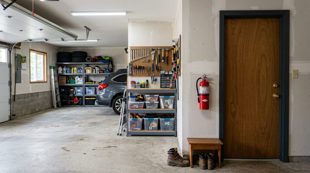 Fire extinguisher mounted in a garage near the door to the house