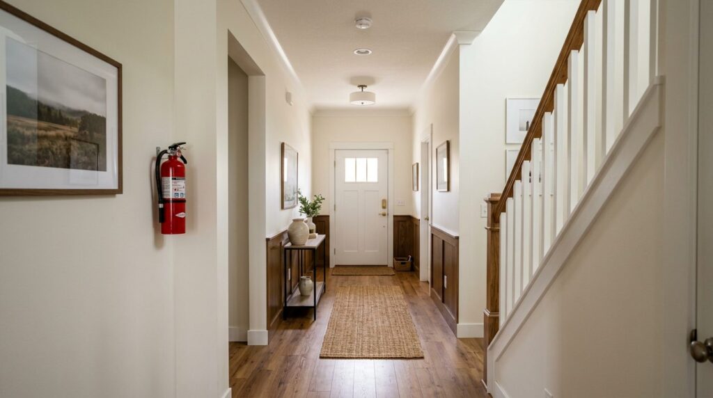 Fire extinguisher mounted in a hallway on the way to the front door