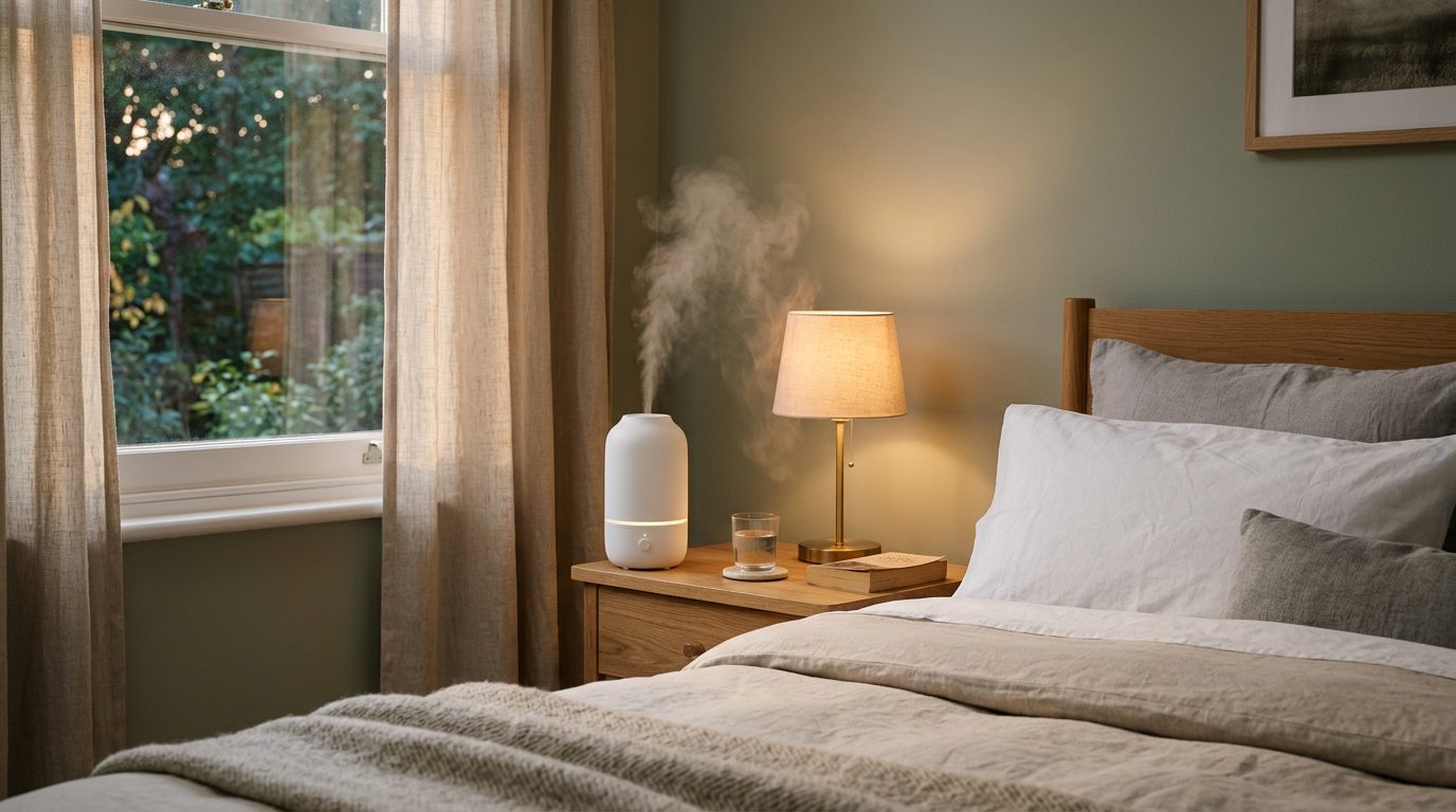 Humidifier releasing a soft mist on a nightstand beside a bed