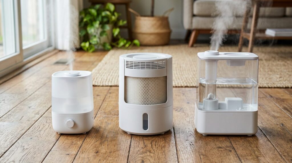 Ultrasonic, evaporative and warm mist humidifiers side by side