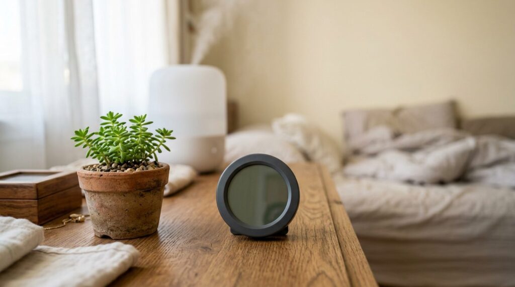 Hygrometer on a bedroom dresser to check humidity levels