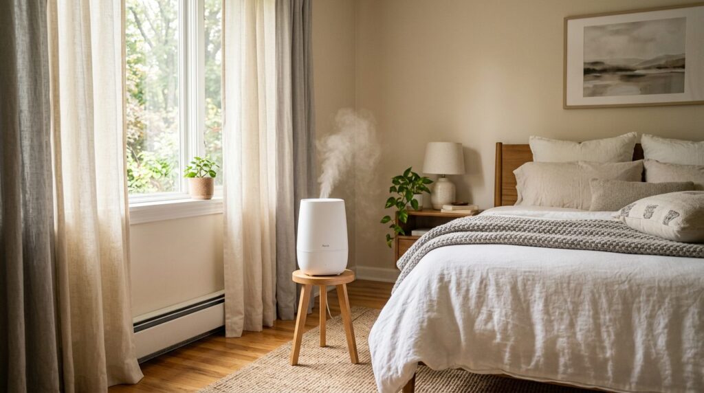 Humidifier on a stand a few feet from the bed
