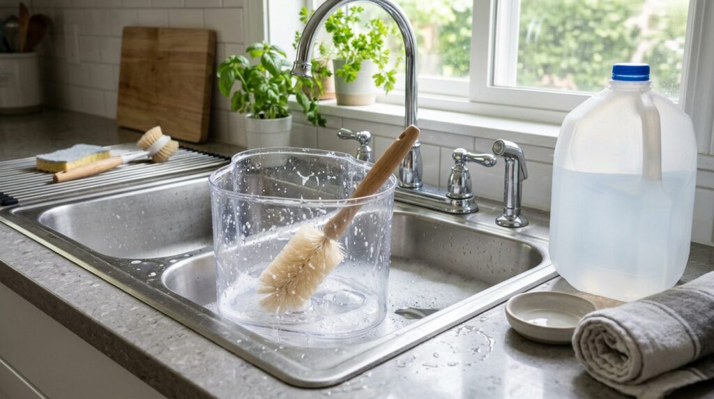 Cleaning a humidifier tank with a brush and distilled water