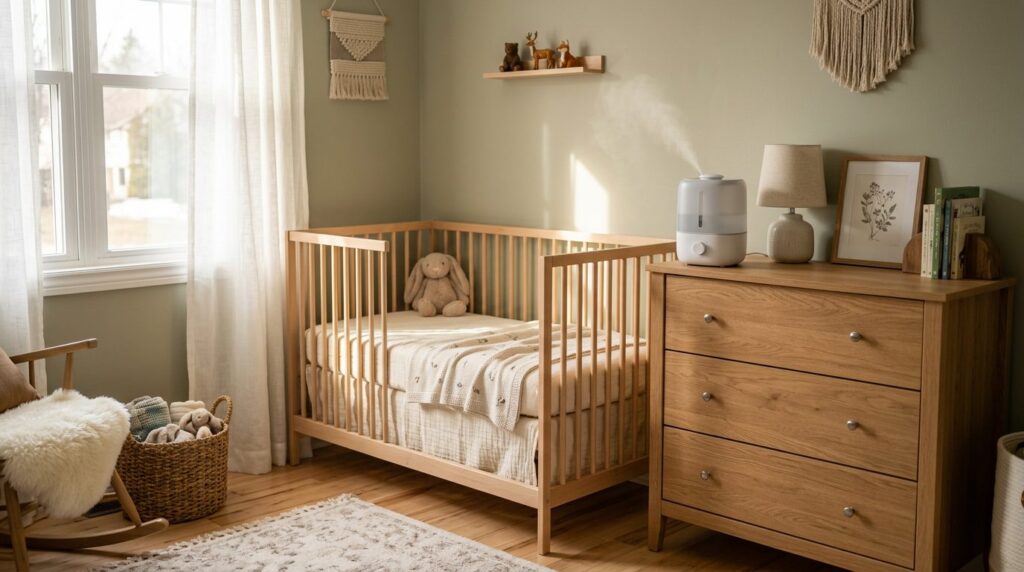 Cool mist humidifier on a dresser out of reach in a nursery
