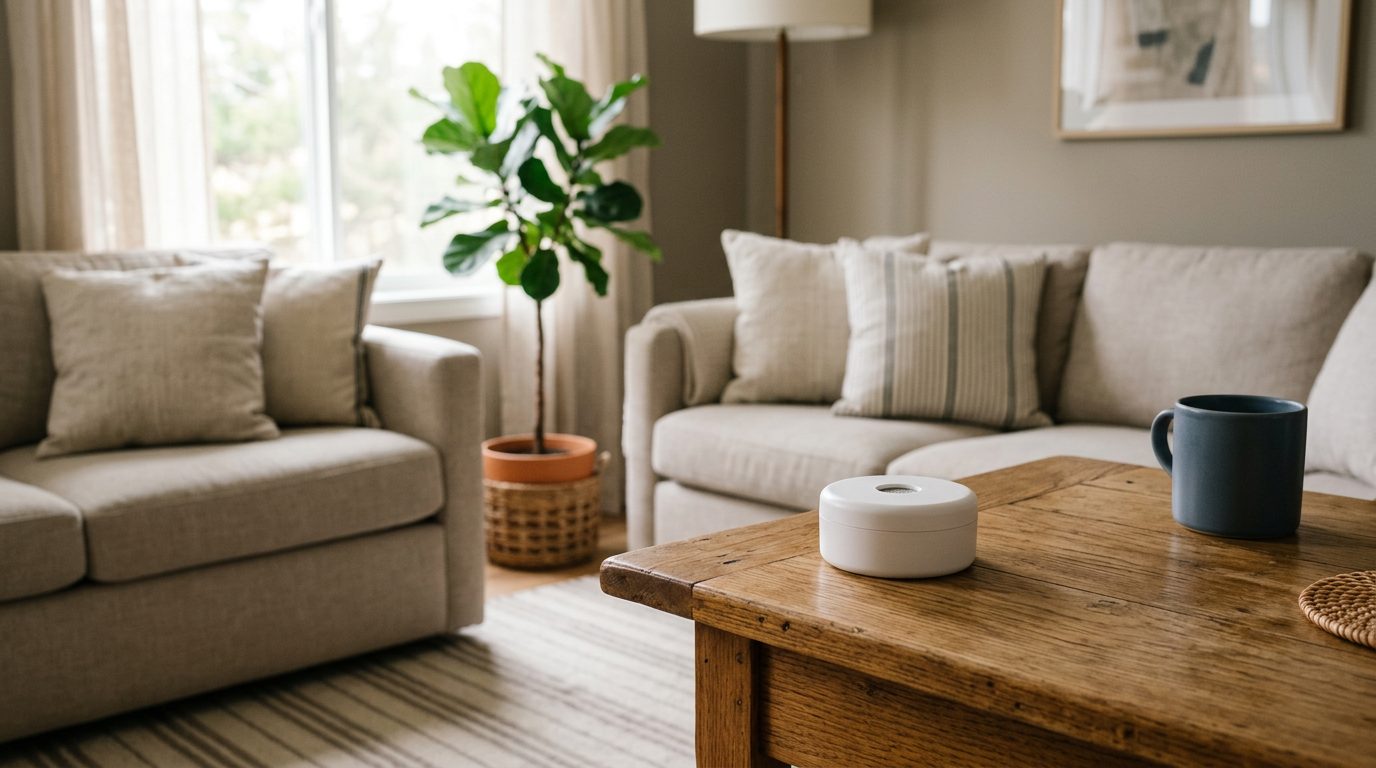 Radon test canister on a side table in a finished basement living room