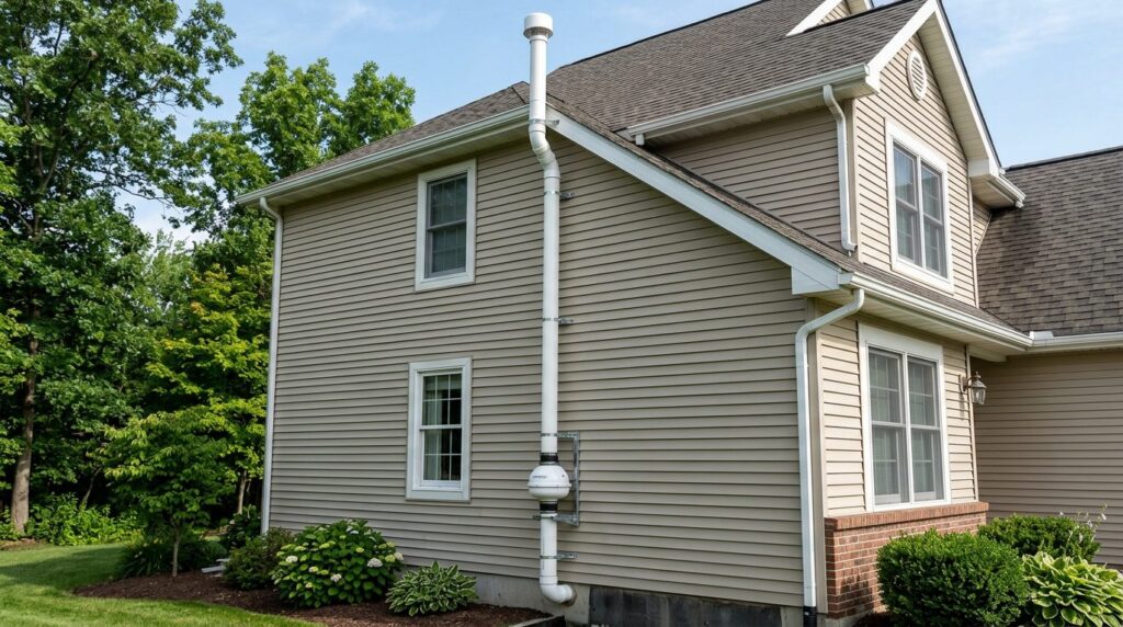 Radon mitigation vent pipe and fan running up the outside wall of a house