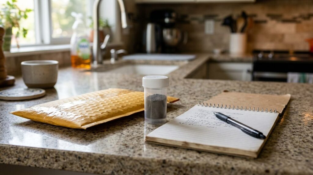 Sealed radon test canister and mailing envelope ready to send to the lab