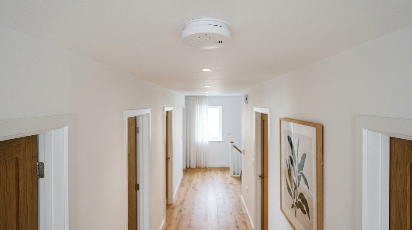 Smoke detector mounted on a hallway ceiling outside bedrooms