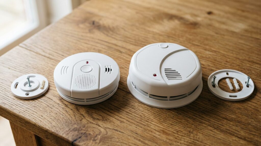 Two residential smoke alarms with mounting brackets side by side