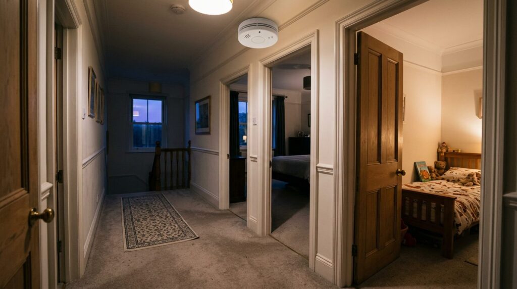 Smoke alarm on the ceiling of an upstairs hallway outside the bedrooms