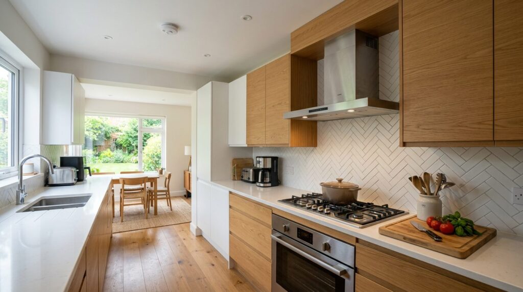Kitchen with the smoke alarm mounted well away from the stove and range hood