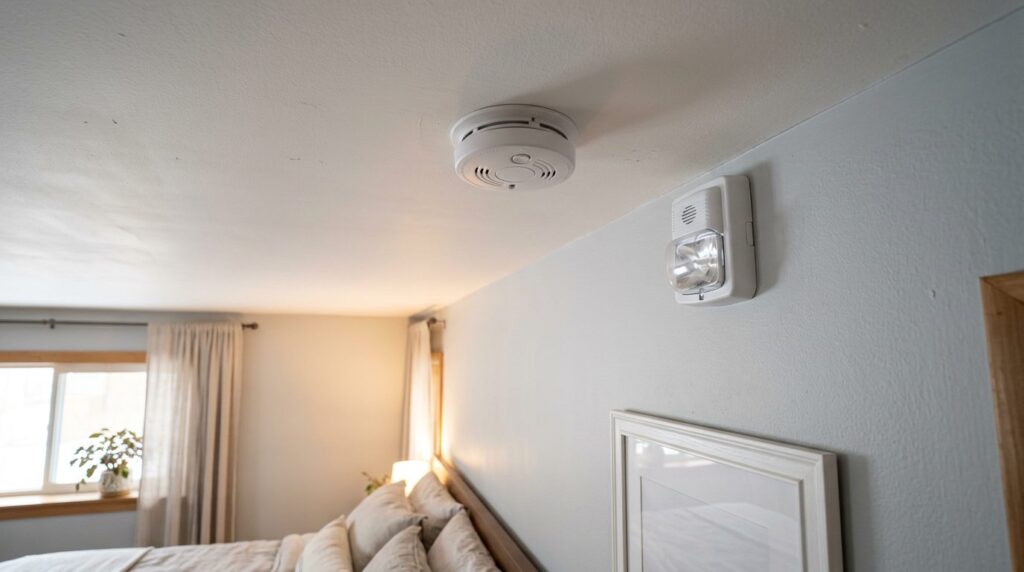 Bedroom ceiling smoke alarm next to a wall-mounted strobe light for hearing loss
