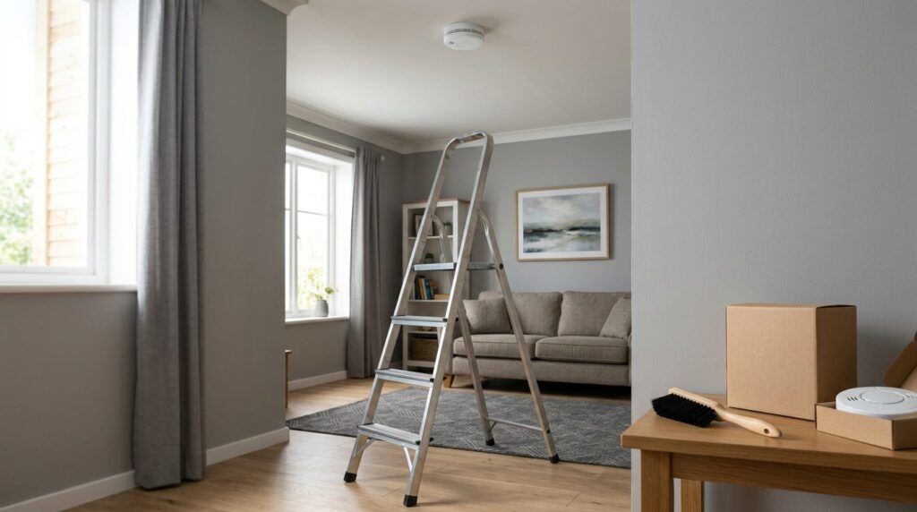 Step ladder under a ceiling smoke alarm with a cleaning brush and a replacement alarm