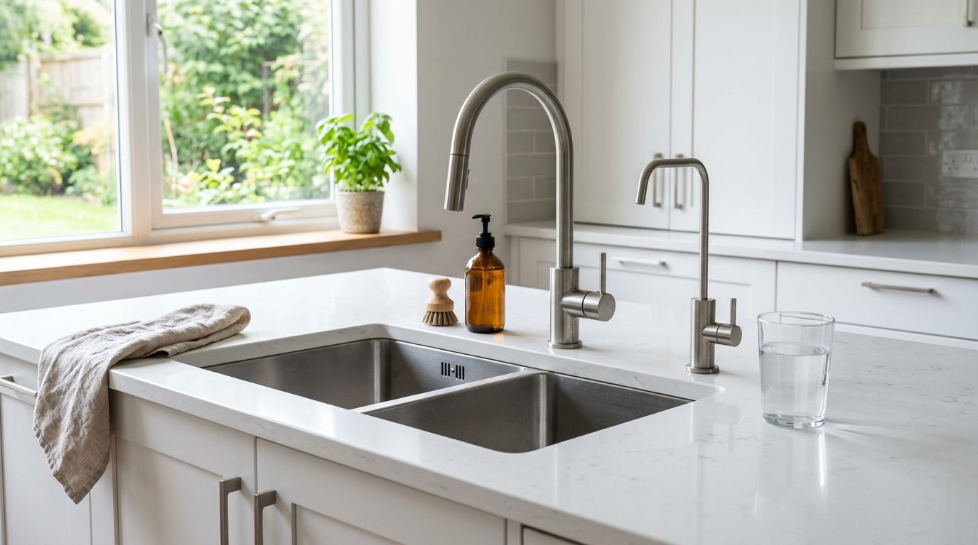 Kitchen sink with a dedicated filtered drinking water faucet
