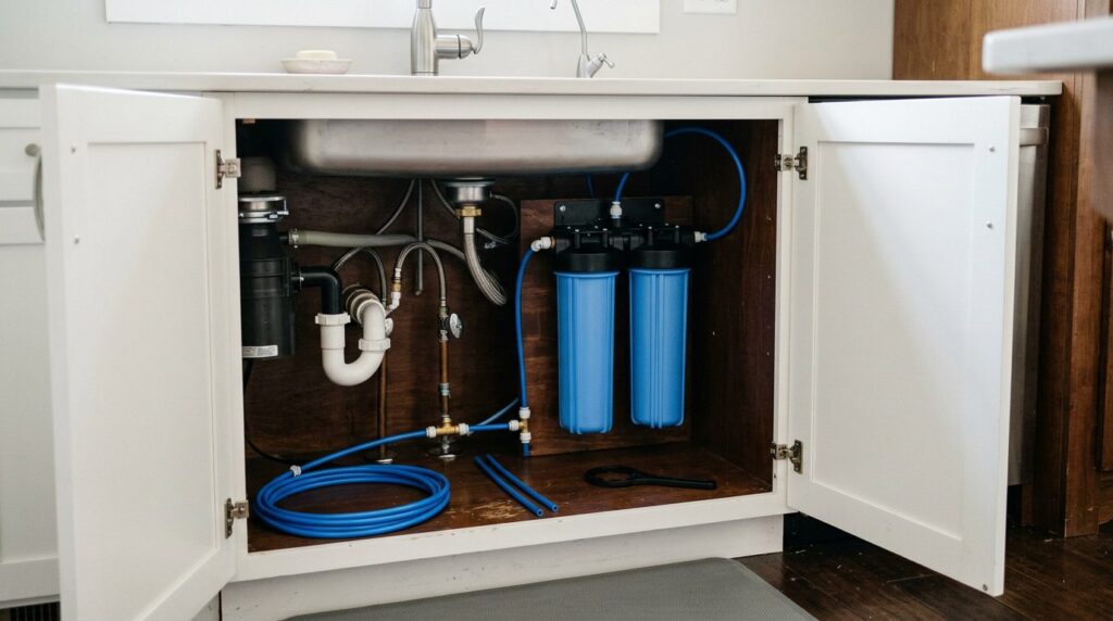 Two-stage under sink water filter installed on the cold water line